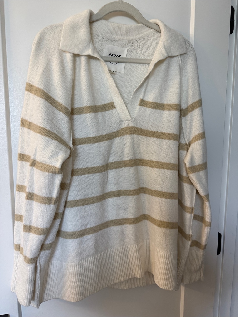 aerie Cream Sweater with Tan Stripes V-Neck Polo